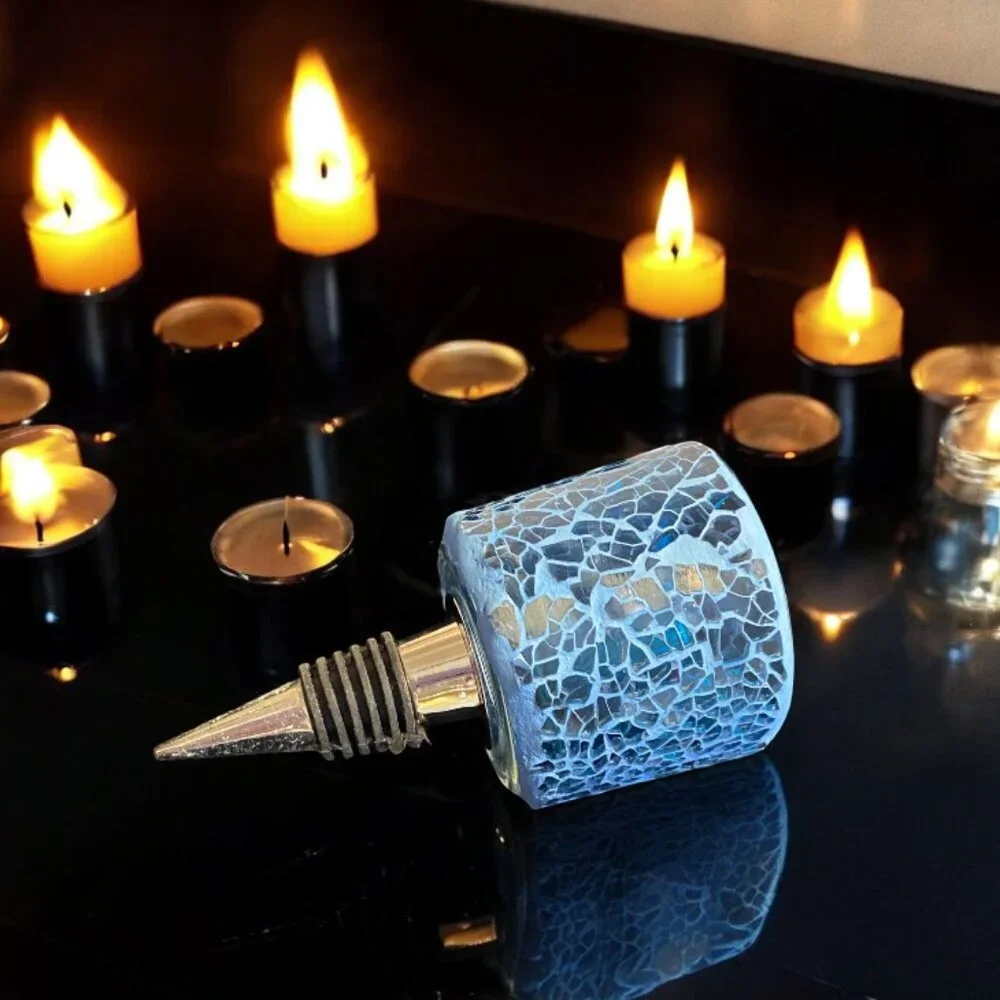WINE STOPPER -- Unique Tea Light Holder, Blue Mosaic Glass, Fits Standard Bottle